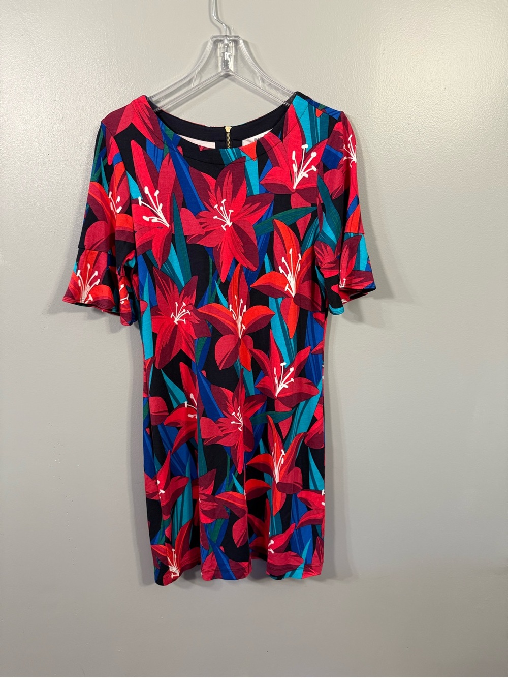 Tommy Bahama Perfect Petal Lily Floral Shift Dress Flutter Sleeve Tropical LG